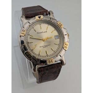 Great Land Watch Men 36mm Silver Case Brown Leather Band- New Battery